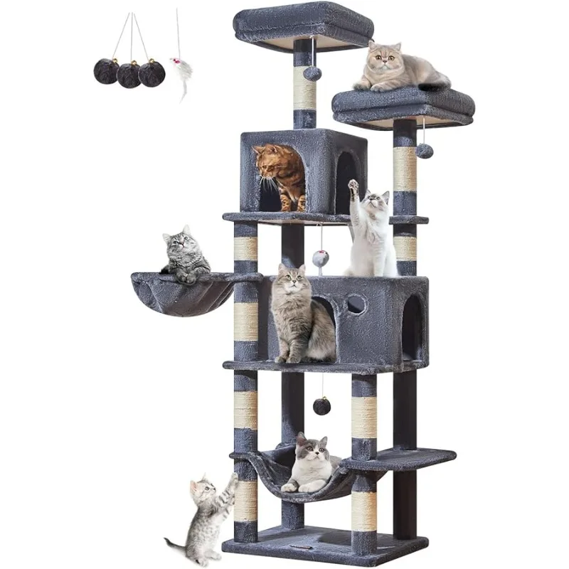 

Taoqimiao Large Cat Tree，73-Inch Cat Tree Tower with 9 Scratching Posts for Indoor Cats, 2 Large Cat Condo with Hammock, Hanging