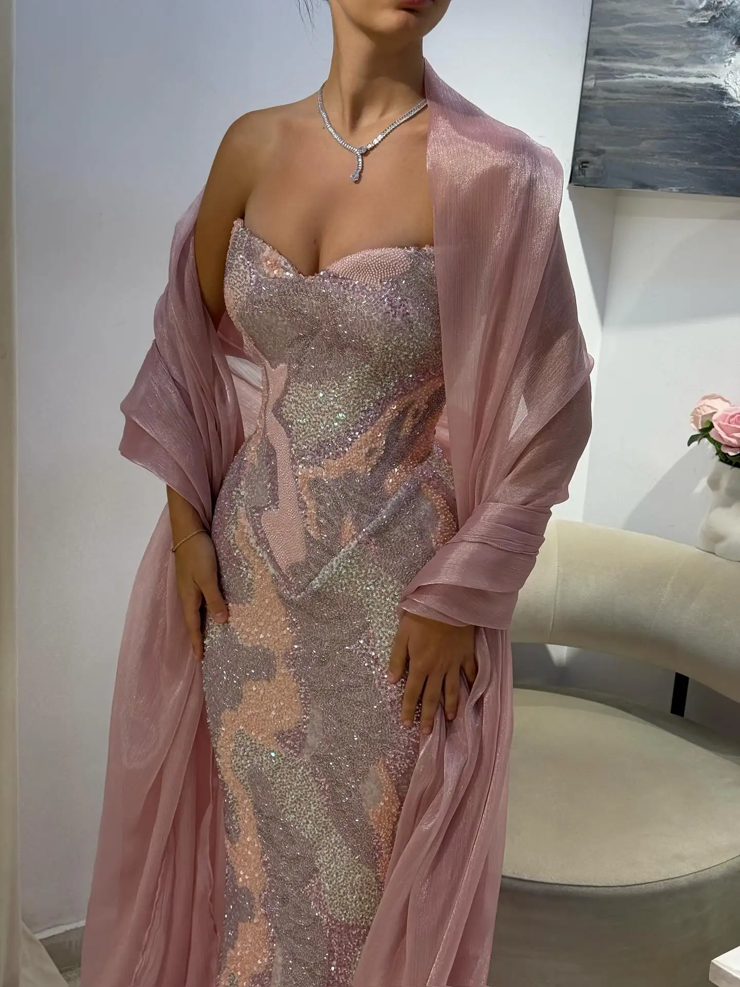 Vestido de noite sem alças com lantejoulas brilhantes, sexy, rosa, tubo, costas nuas, vestidos de sereia com xale transparente, luxo, arábia