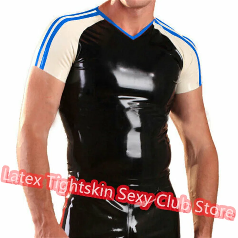 

Handmade Latex Men Short Sleeve Shirt Man Sexy Tops Rubber Tank Vest with White Trim Cosplay Costume