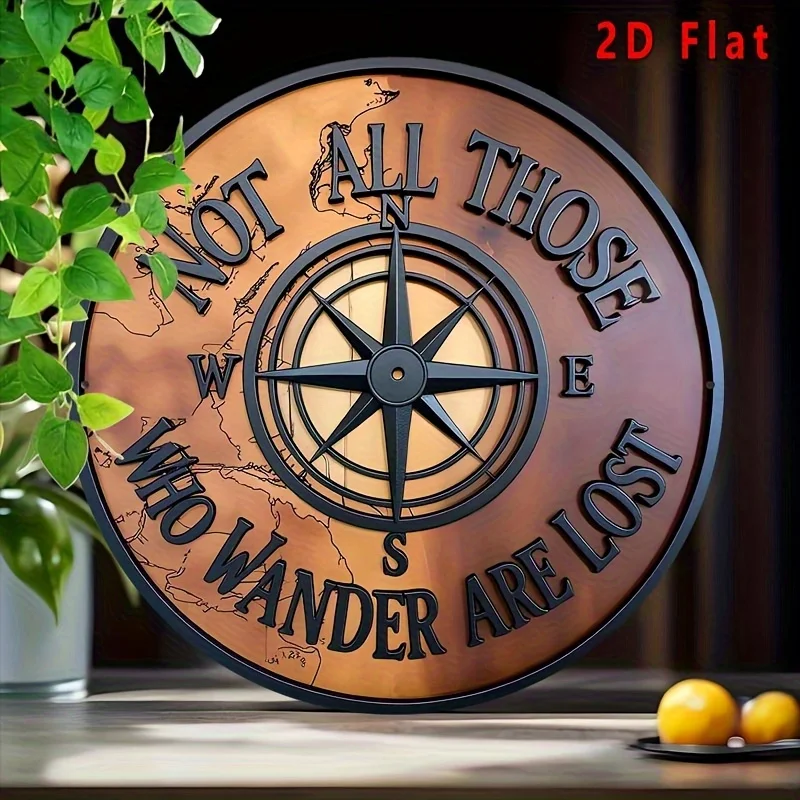 2D Flat, 1pc of 8.0x8.0inch 2D Flat Aluminum Wall Decor, Vintage Compass Rose Pattern with 