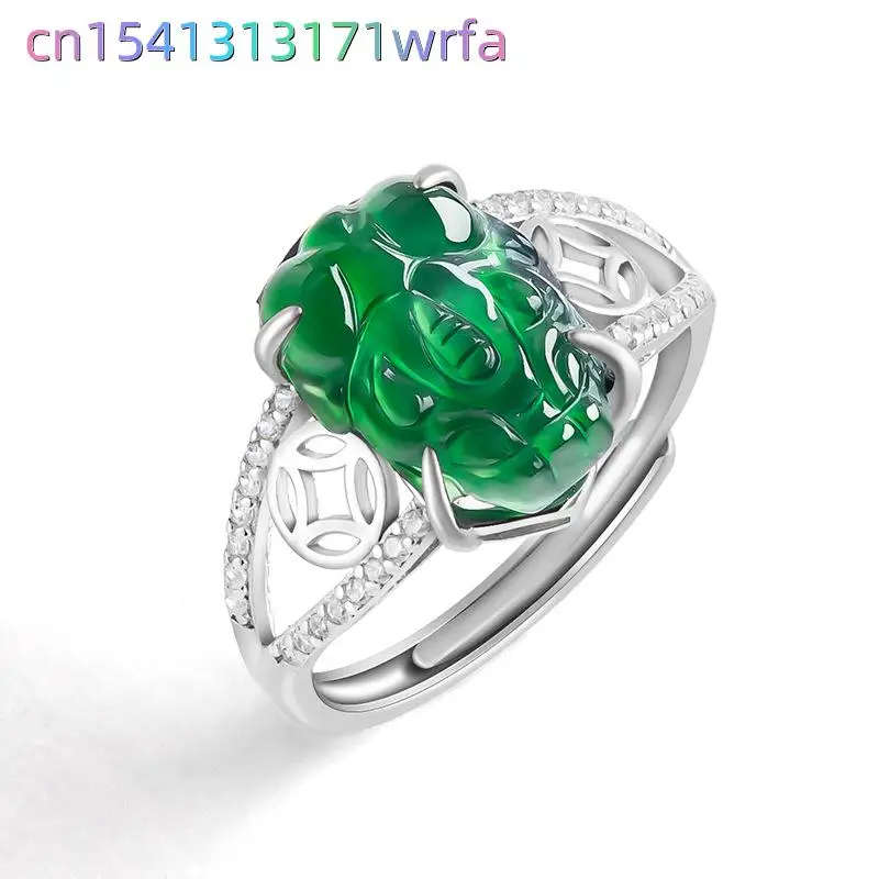 Green Natural Jadeite Pixiu Ring Fashion Vintage Talismans Burmese Jade Designer Real Jewelry Amulet Accessories S925 Silver