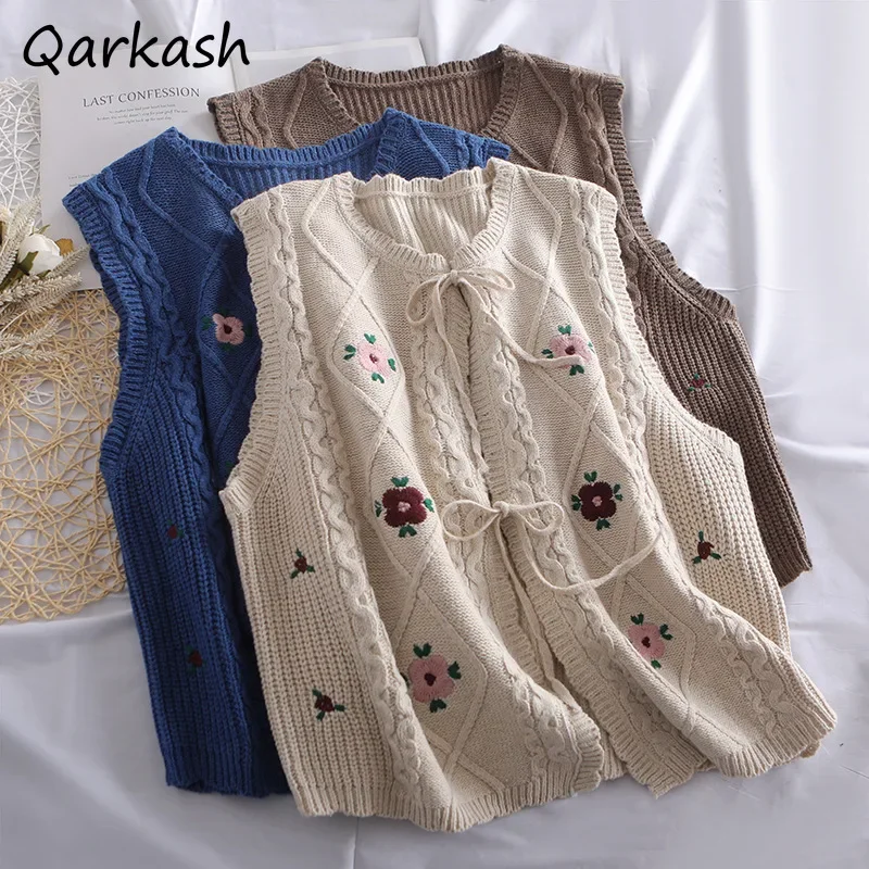 

Floral Sleeveless Sweater Vest Women Retro Lace-up O-neck Loose All-match Simple Mori Girl Style Embroidery Knitting Chic Autumn