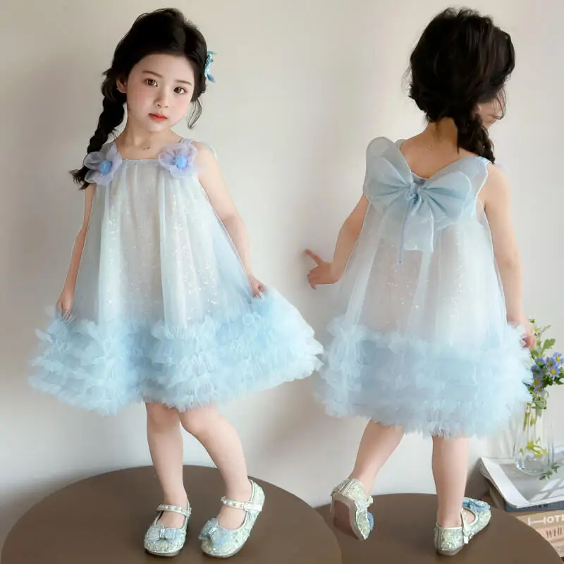 Mädchen-Trägerkleid aus Mesh, Sommer-Neuheit, Kawaii-Blumenmuster mit Schleife, Lolita-Rock, Kinder-Prinzessinnenkleid, Modischer Tüllrock