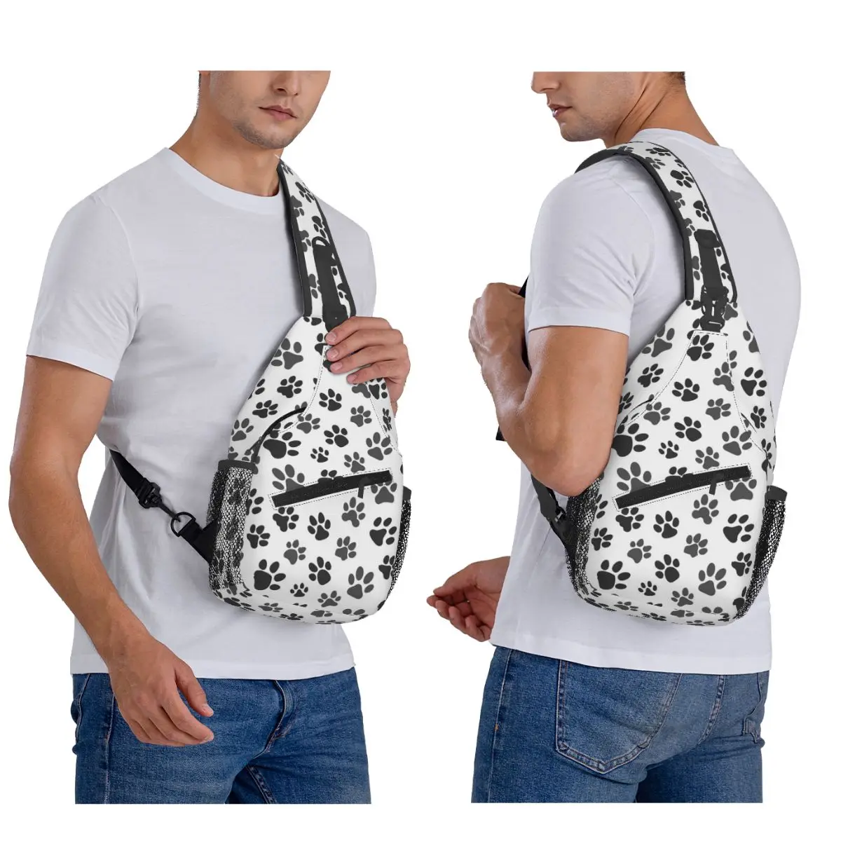 Cool Pet Dog Black Paw Pattern Chest Bag Men Sling Crossbody Backpack Chest Bag Travel Hiking Daypack Shoulder Bag