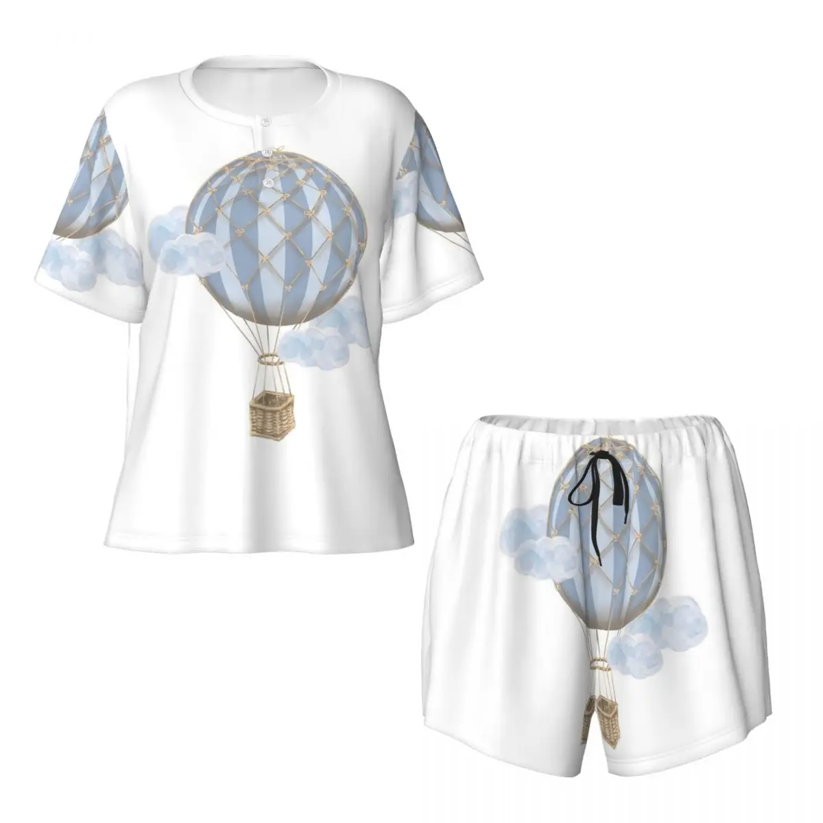 

Синяя винтажная ночная рубашка с круглым вырезом и короткими рукавами в стиле воздушного шара, женский мягкий пижамный комплект с короткими штанами