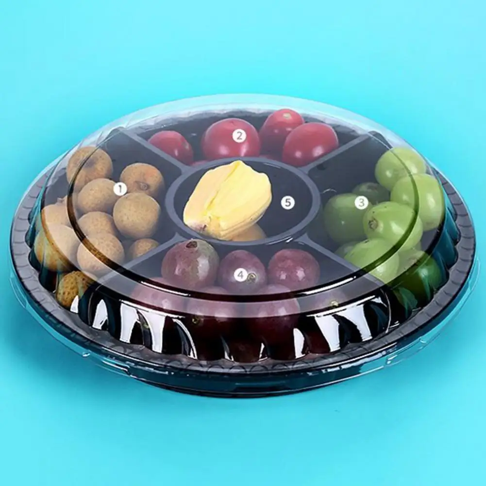 Platter Vegetable Tray Plastic Round Snacks Fruit Storage Box with Lid 6 Compartment Food Serving Platter for Party Disposable