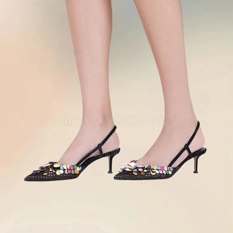 

Colorful Sequins Design Mesh Pointed Toe Pumps Slip On Women Shoes Thin High Heels Party Feast Dating 2025 Zapatos Para Mujere