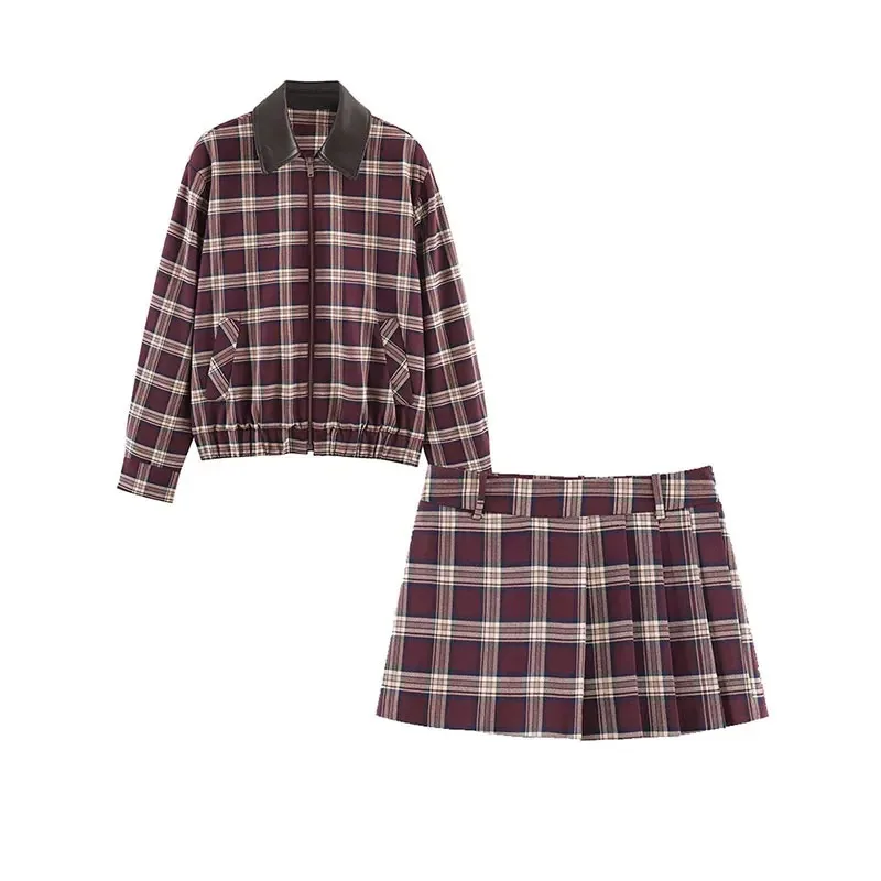 

Fanan Women Plaid Mini Skirts Two Piece Sets 2026New Chic Fashion Zipper Bomber Jacket Women's Suits Spring Autumn Woman Outfits
