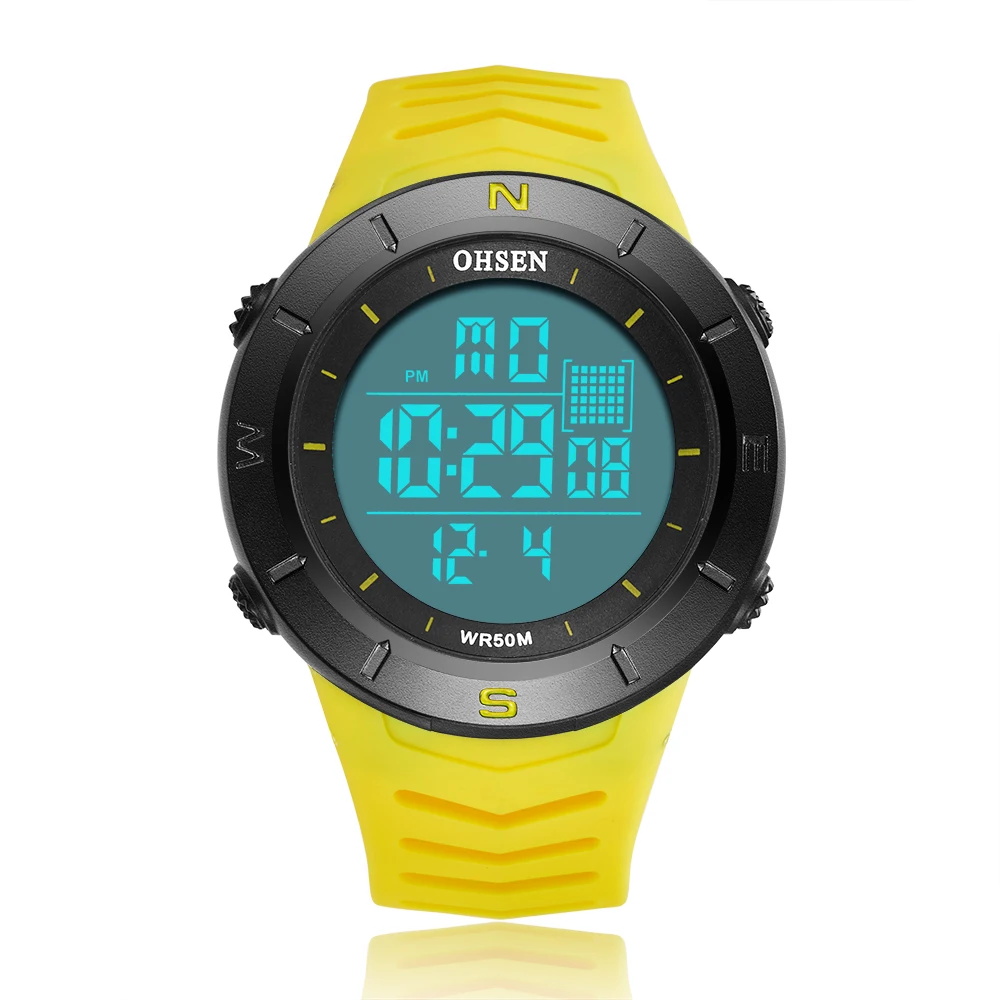 OHSEN Men Watches Electronic Led Outdoor Military Wateroof Wristwatch Yellow Silicone 5ATM Dive Stopwatch Clocks Digital Watch