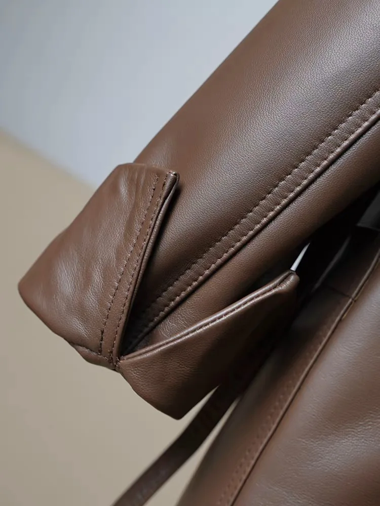 ملابس مستوردة من جلد الغنم أوشحة جلدية حقيقية سترة نسائية برقبة على شكل حرف v سترة طويلة متوسطة غير رسمية مع وشاح Abrigo Mujer