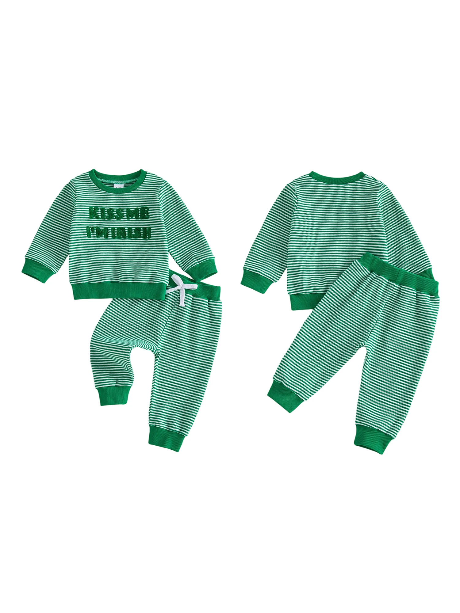 

Adorable Infant Irish Apparel Ensemble Stylish Striped Top with Embroidered Letters and Matching Trousers 2-Piece Suit