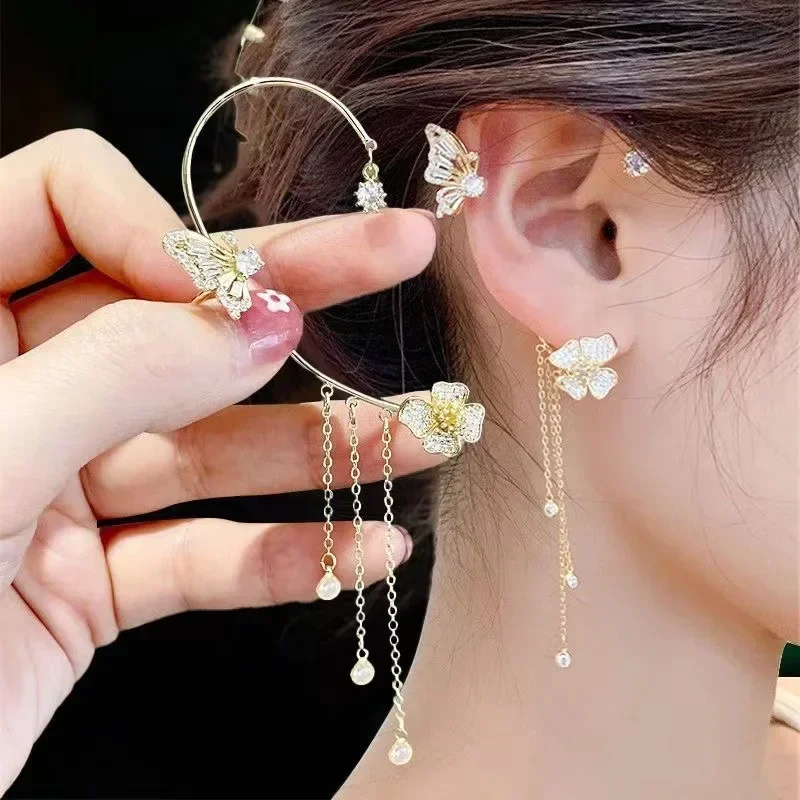 Shiny Zircon Butterfly Ear Cuff Gold Color Tassel Clip on Earrings for Women Korea Style Copper Earring Without Piercing Jewelry