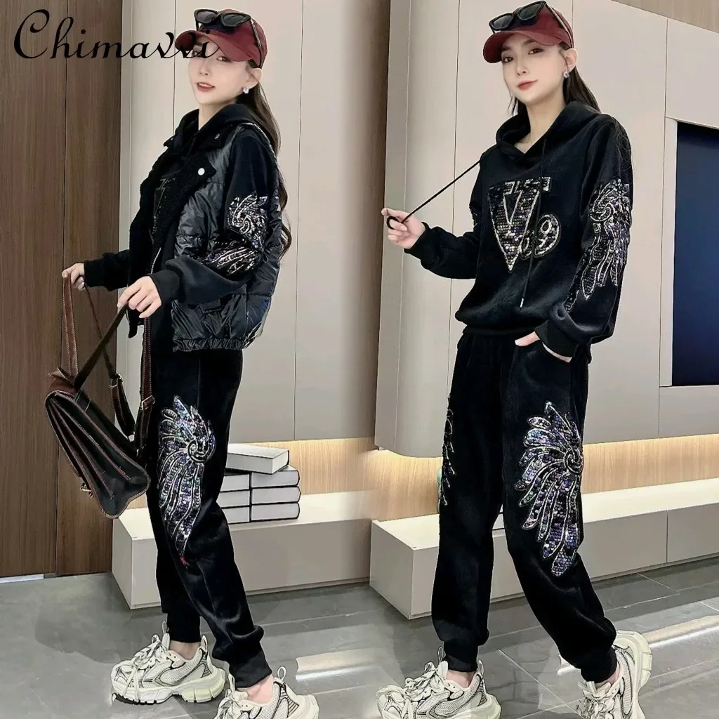 Autumn Winter New Thickened Golden Velvet Casual Pants Sets Fashion Vest Sweatshirt Trousers Three-piece Women's Warm Outfits