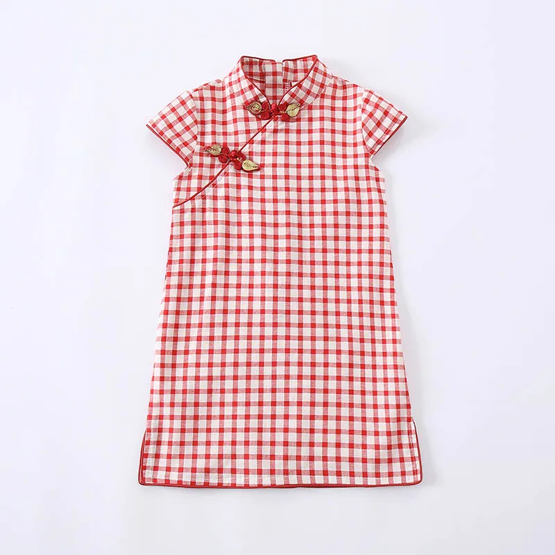 

Baby Girls Red Plaid Cheongsam Dance Dress Traditional Chinese Stage Performance Festival Wear Toddler Clothing Size 2-9 Years