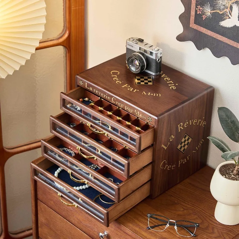 Wooden Jewelry Storage Box with Drawers Large Capacity Bracelet Drawer Organizer Medieval Style Necklace Case Walnut Rings Boxes