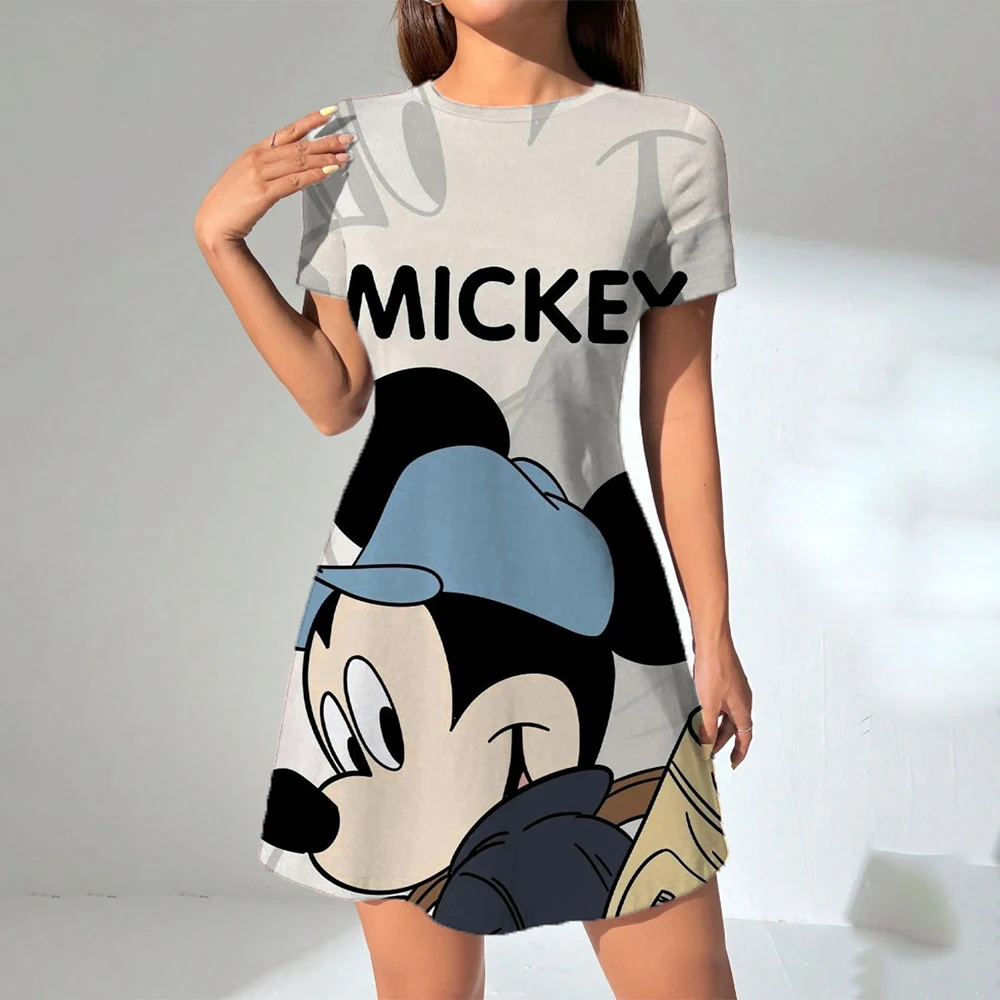 S-3Xl 디즈니 미키 마우스 프린트 O 넥 롱 드레스 캐주얼 보헤미안 숙녀 여름 해변 Sundress 여행 셔츠 파티 가운