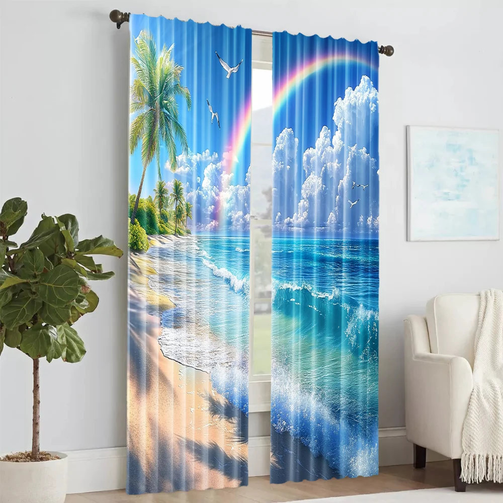 2 pcs, versatile polyester transparent curtains for home decoration Tropical Beach Palm Tree for use in bedrooms and living