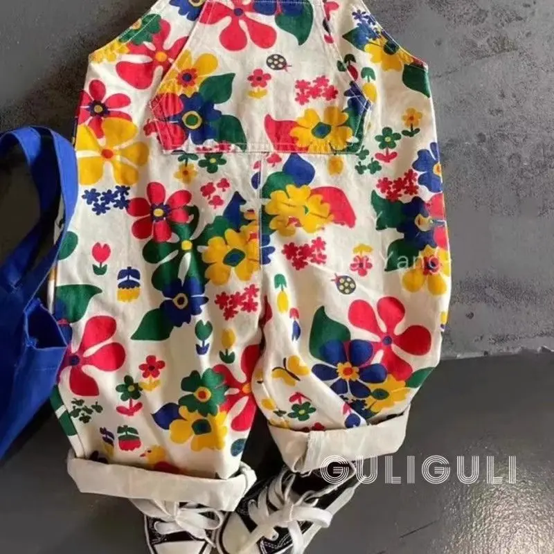 فتاة صبي وزرة ربيع الخريف الكورية موضة الشارع السراويل الأزهار المطبوعة الأطفال السراويل الاطفال بذلة ملابس بناطيل أطفال #4