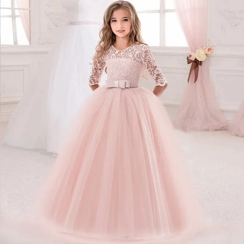 Langarm weiße Spitze Brautjungfer kleider für Mädchen Kinder formelle Abendkleid elegante Kinder Mädchen Geburtstag Hochzeit Party Kleid