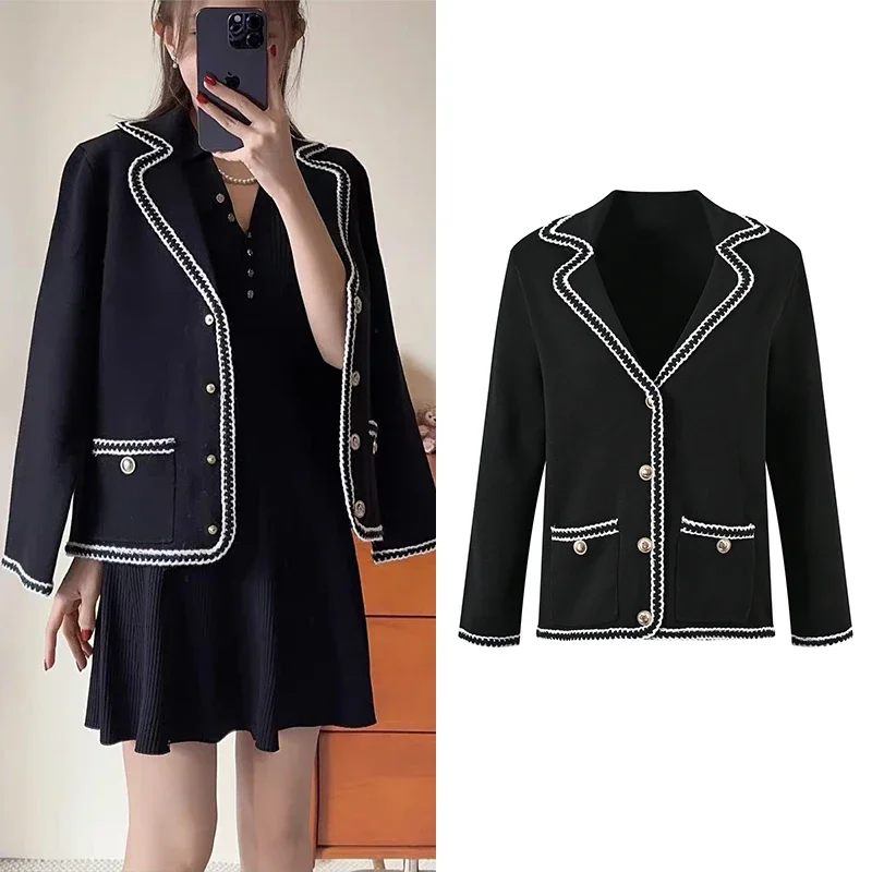 High End Version M Home Women Clothes Fashion Black White Temperament Design Contrast Color Knit Cardigan Top Outerwear Suit