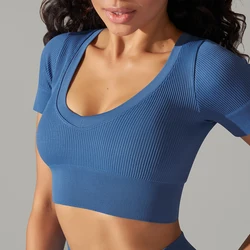 Damen Kurzarm hemden nahtlose Crop Top Yoga Shirt Frau Sport Top T-Shirts Detail lierung Workout Active wear Yoga Tops