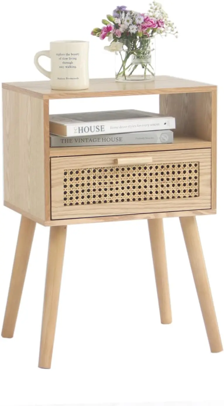 

Modern Nightstand Rattan Side End Table With Storage, For Living Room, Bedroom And Small Spaces, Accent Bedside Farmhouse