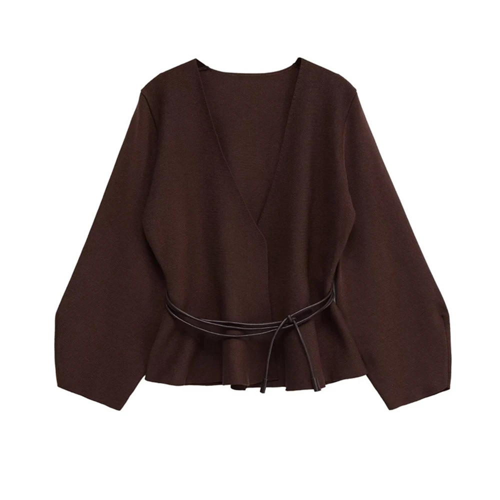 

Women Garment Daily Commute Casual Wear Classic Brown Long Sleeve Cardigan Belted V-Neck Top French Minimalist Style Coat