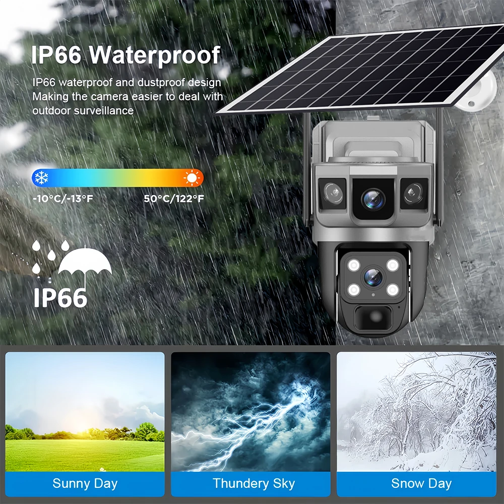V380 Pro 12MP พลังงานแสงอาทิตย์ 4G/WIFI กล้อง IP กล้องวงจรปิดสองเลนส์สามหน้าจอการติดตามอัตโนมัติกลางแจ้ง 6K การเฝ้าระวังความปลอดภัยกล้อง PTZ