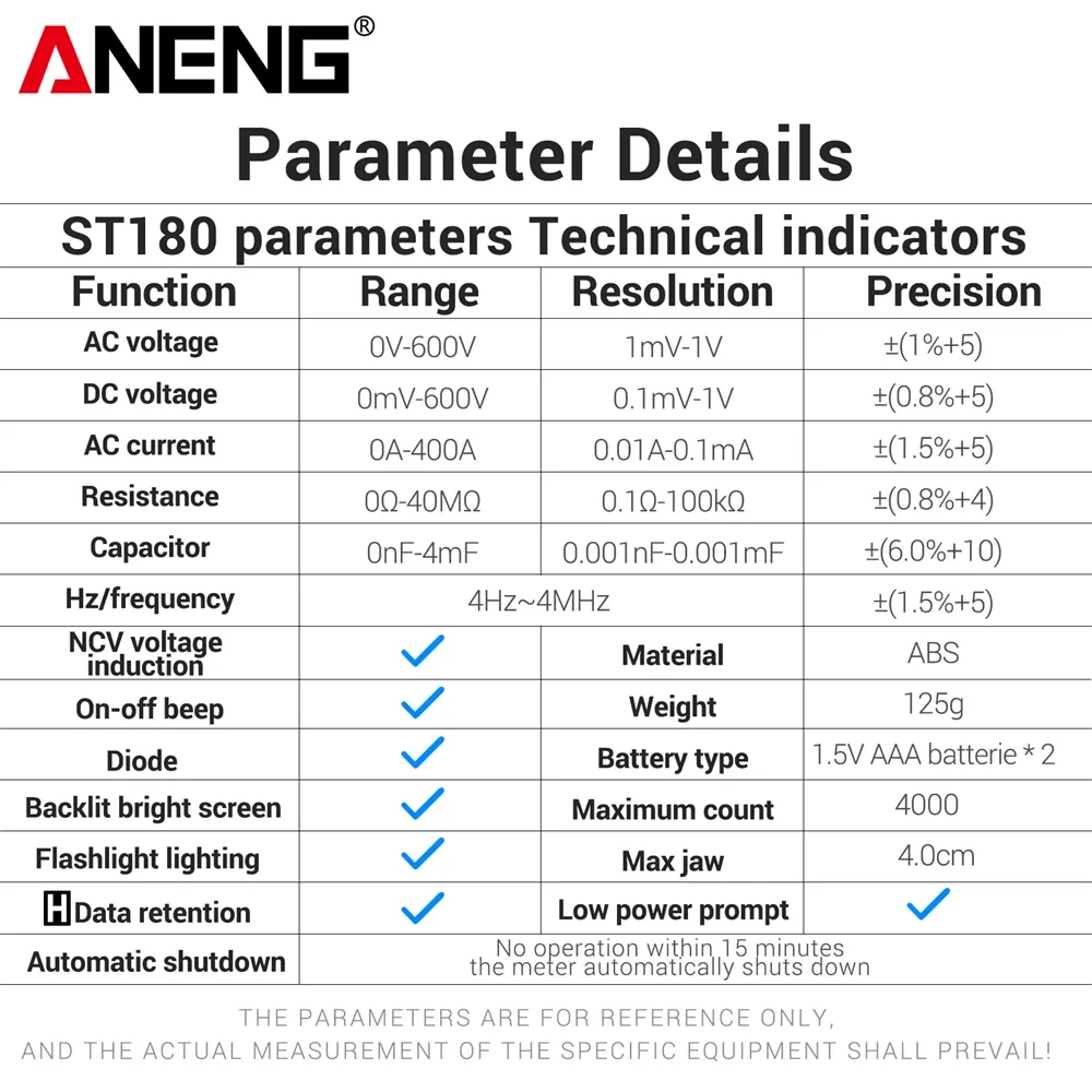 ANENG ST180 Digital Clamp Meter 4000 Counts Multimeter AC Current NCV Capacitance Tester Free Gift B15 Voltage Test Pen Tool