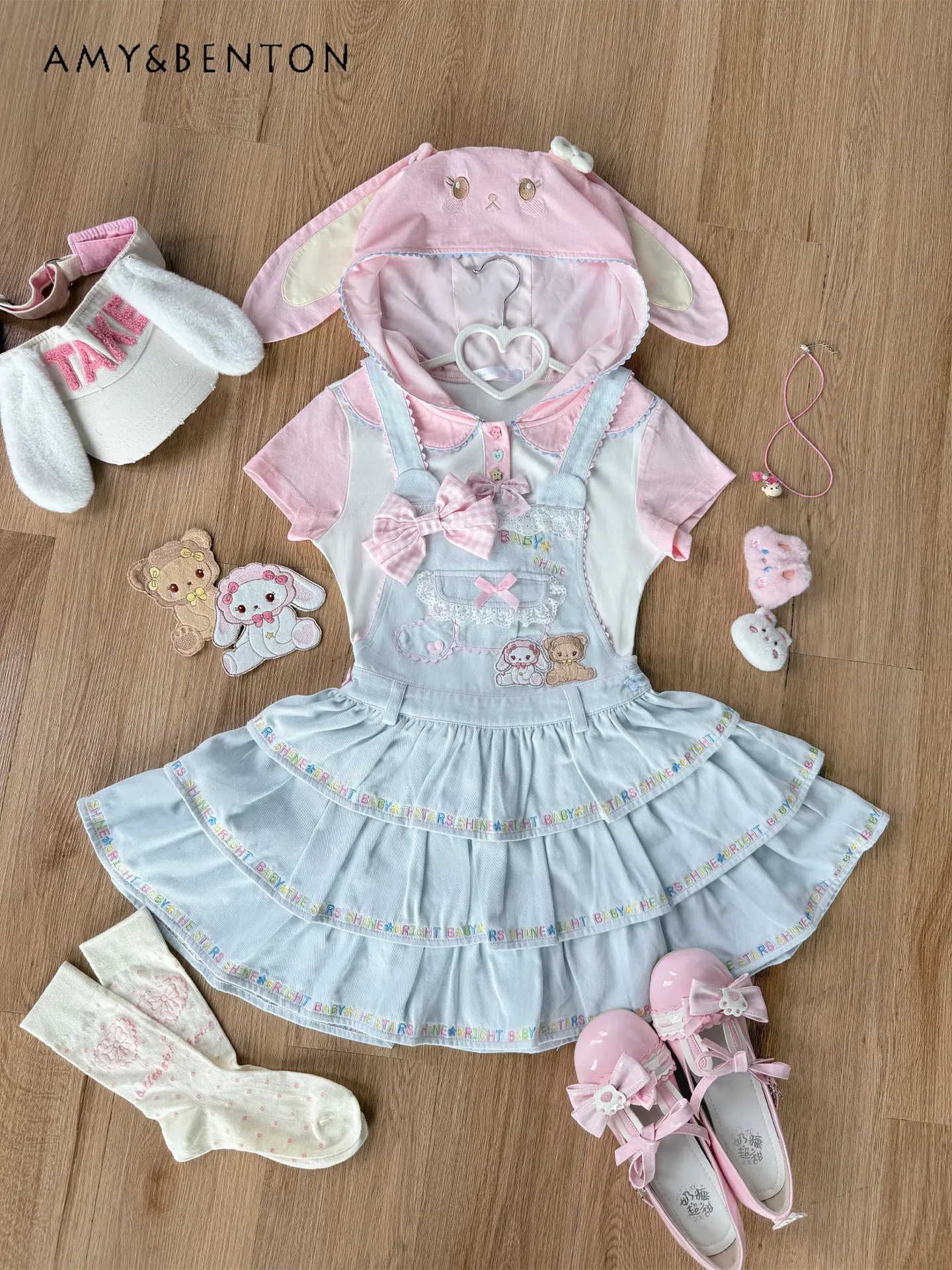 

Cute Cartoon Bear Embroidered Lace Splicing Strap Tutu Dress Women Japanese Lolita Style Sweet Girl High Waist Slim Mini Dress