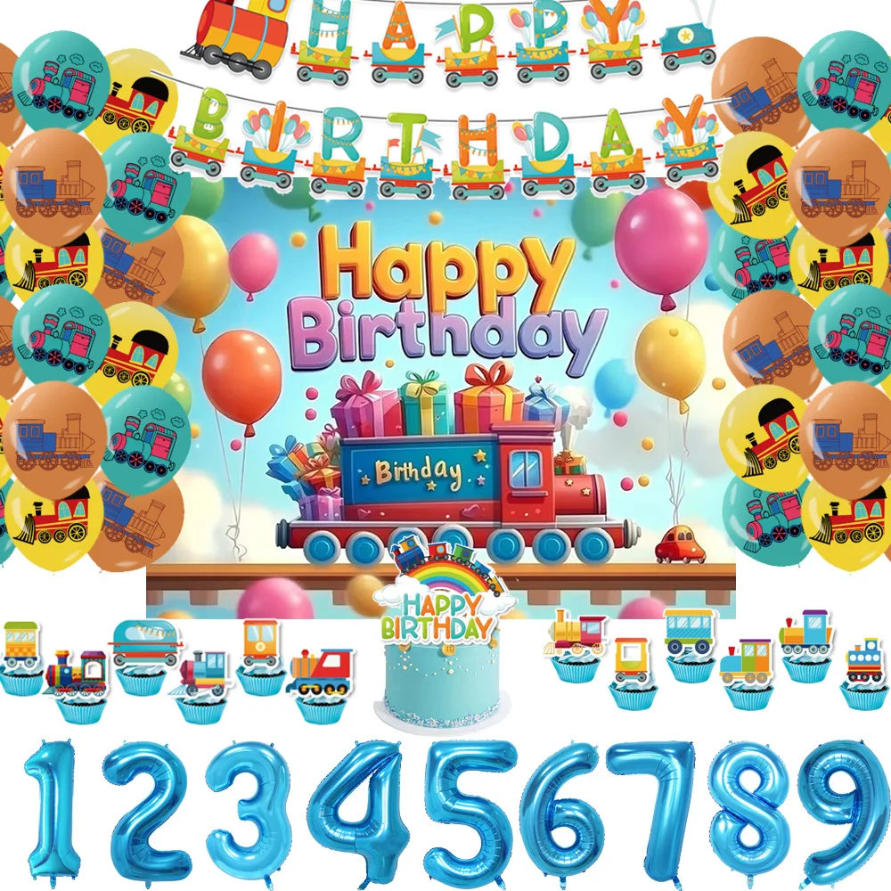 

Cartoon Train Theme Birthday Party Decoration Backdrop Disposable Balloon Cake Topper Banner Kids Gift Supplies Photography Prop