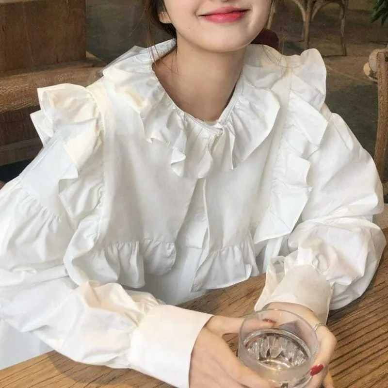 

Ruffled Design Sense Loose Casual Blouses Single-breasted Age Reducing Chic Shirts Vintage Korean Fashion High Street Blusas