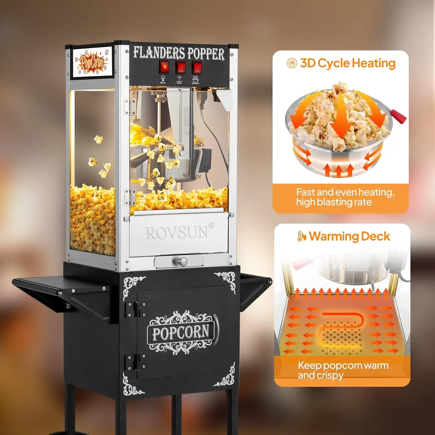 

Popcorn Machine with Cart, Wheels & 8 Oz Kettle Makes Up to 32 Cups, Popcorn Maker