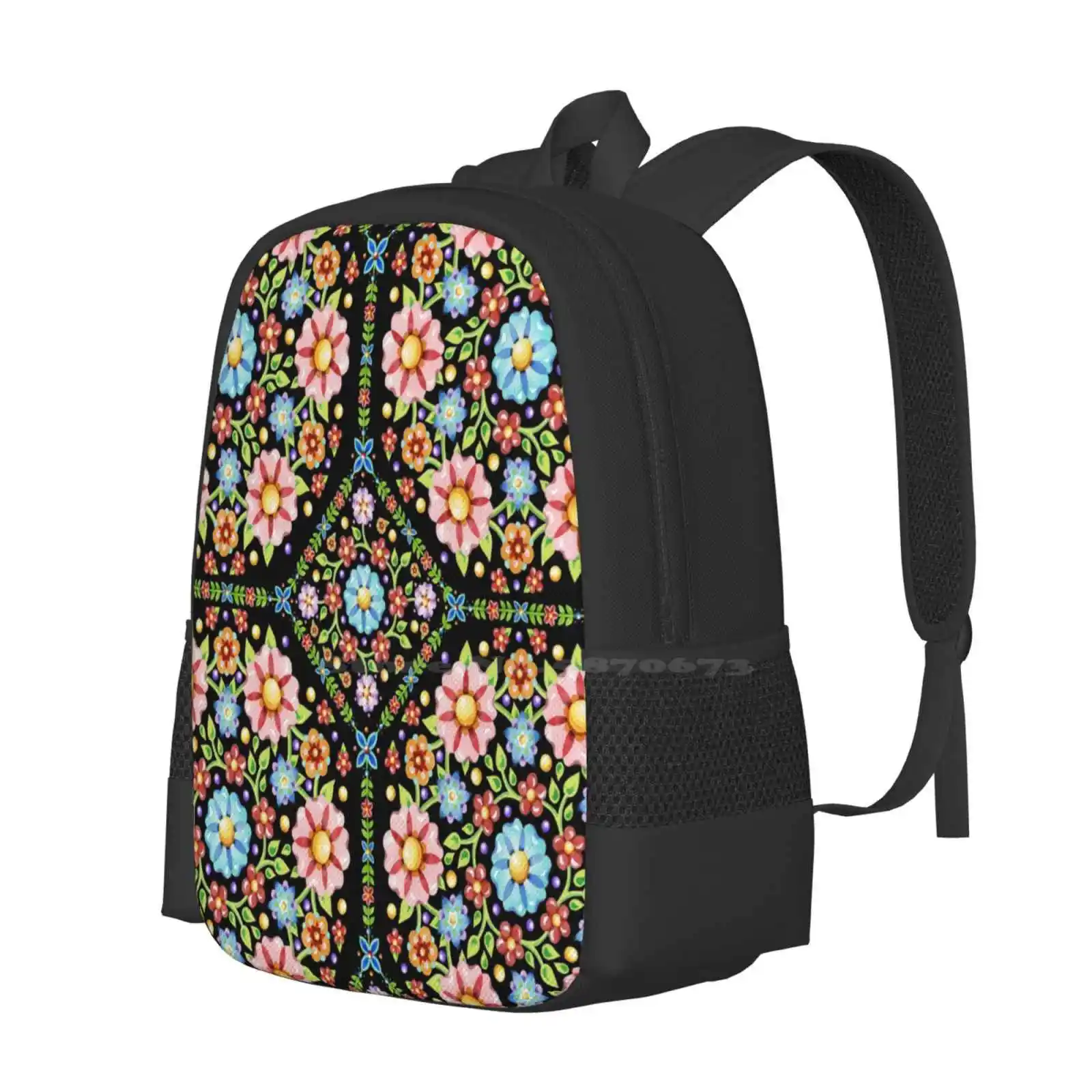 Millefiori Floral Flower Crown Large Capacity School Backpack Laptop Bags Bohemian Folkloric Romany Gypsy Caravan Boho Chic