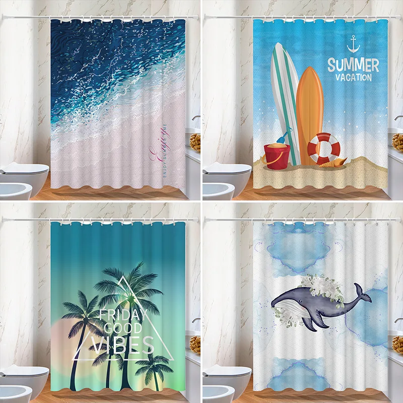 

Моющаяся грязеотталкивающая занавеска для душа с пляжным пейзажем, насадка для душа, водонепроницаемая полиэстеровая занавеска для ванны для домашнего декора, аксессуары