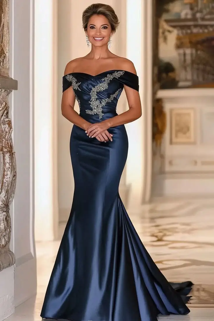 

Customzied Mermaid Mother of The Bride Dresses Navy Blue Satin Beaded Lace Off Shoulder Sweetheart Long Evening Gowns