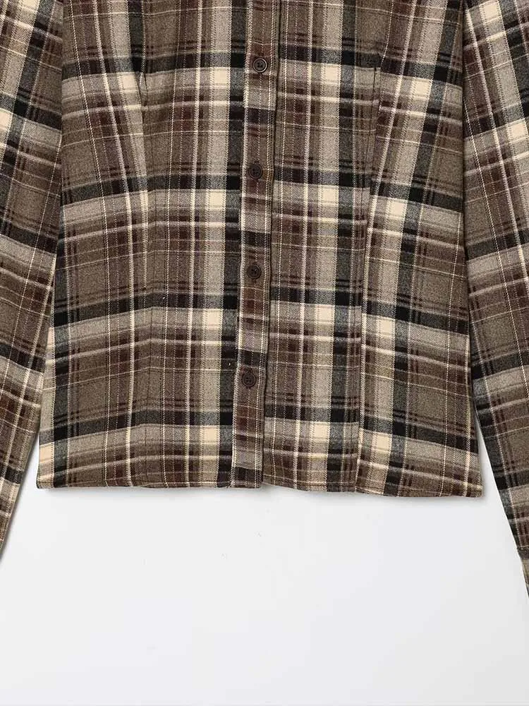 النمط الأوروبي والأمريكي الخريف موضة جديدة عادية بسيطة الرجعية الخصر النحيف قصيرة منقوشة بأكمام طويلة قميص قميص أعلى #6