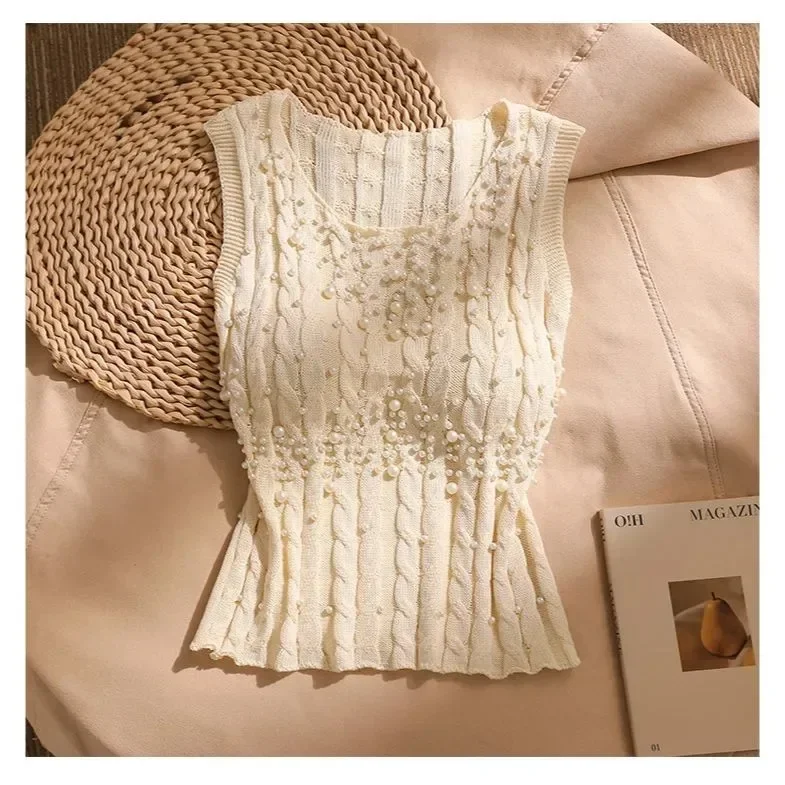 

Французский вязаный жилет с тяжелыми бусинами на бретелях, женская внутренняя одежда, короткий дизайн без рукавов, чувственный облегающий топ, подходит для лета