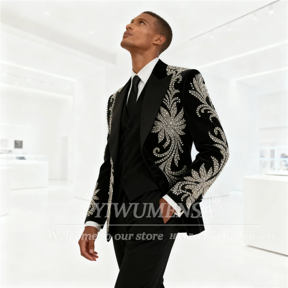 

Exclusive Beading Stones Suits Men Slim Fit 3 Piece Set Groom Wedding Tuxedos Customized Banquet Man Business Party Prom Blazers