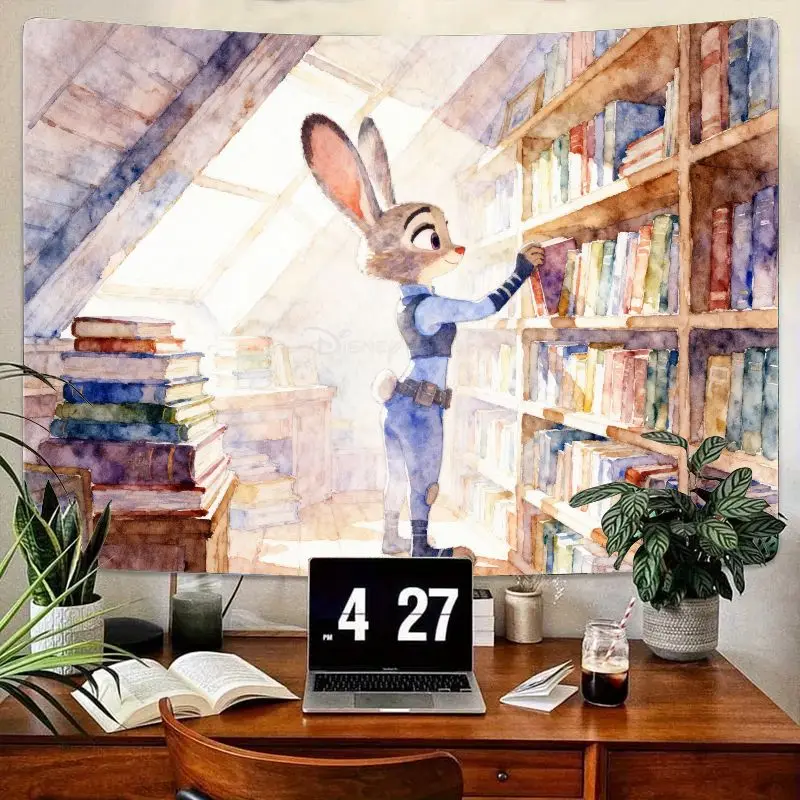 

1 шт. Zootopia Judy Hopps акварельный гобелен для библиотеки, полиэстеровый настенный декор для спальни, общежития, эстетический подарок для любителей книг