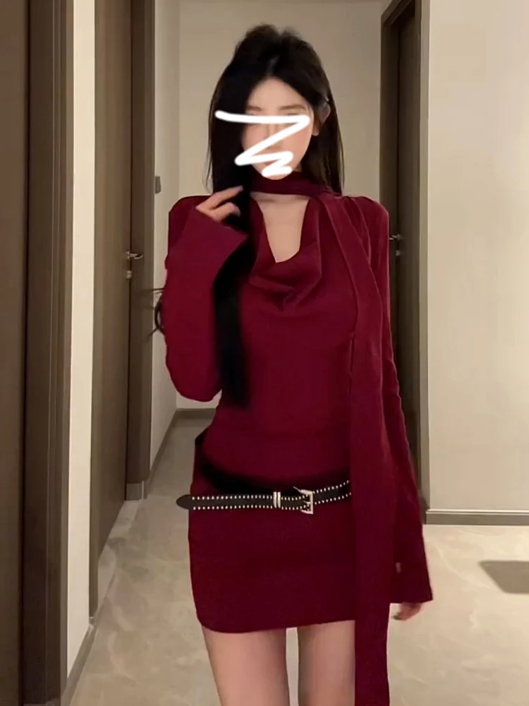 

Red Slimming Wrap Dr Women's Early Spring 2026 New High Waist Inner Matched Skirt Faionable Sensation mid Stretch Long S...