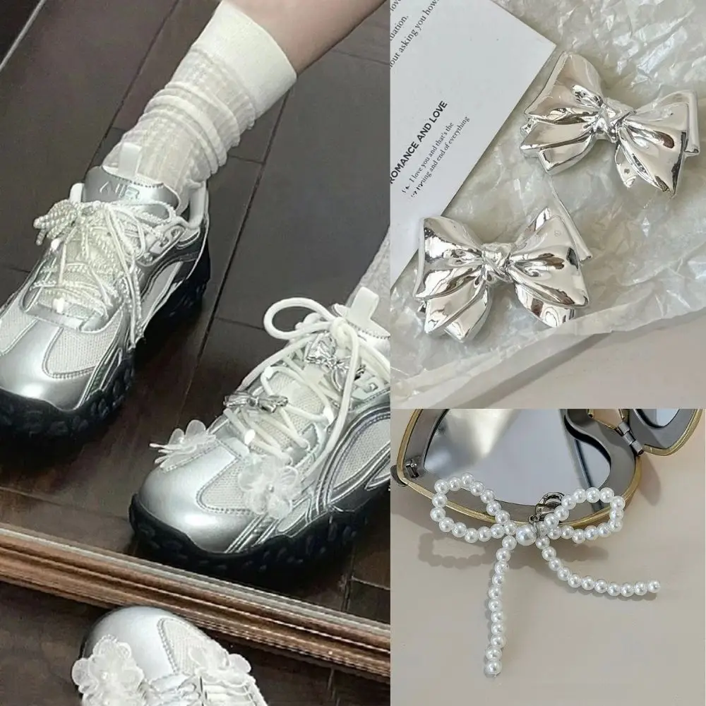 Shoe Charms For Sneakers Shoelaces Clips Buckle Decorations Pearl Jelly Color Silver Bow Shoes Accessories Shoe Decorating Korea