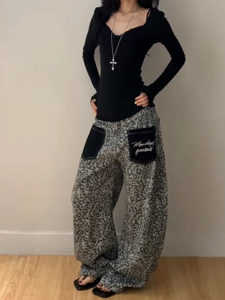 

Sweet Cool Leopard Print American Style Wide Leg Jeans Women Summer Design Sense Pocket Embroidery Loose Fit High Waist Denim