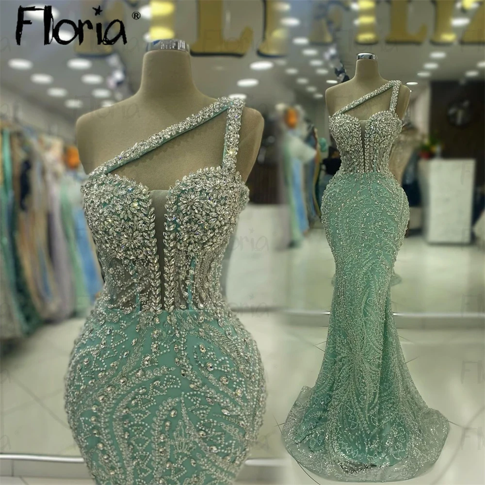 Floria Mint Green Straps Cocktail Party Dress Long Mermaid Women Wedding Night Gowns Birded Prom Gowns Arabic Birthday Dress