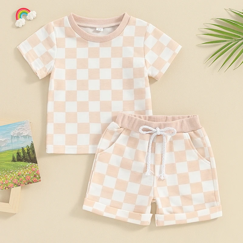 2023-12-19 Lioraitiin 0-3Y Toddler Baby Girl Summer Short Outfit Checkered Plaid Short Sleeve T-shirt Drawstring Shorts Set