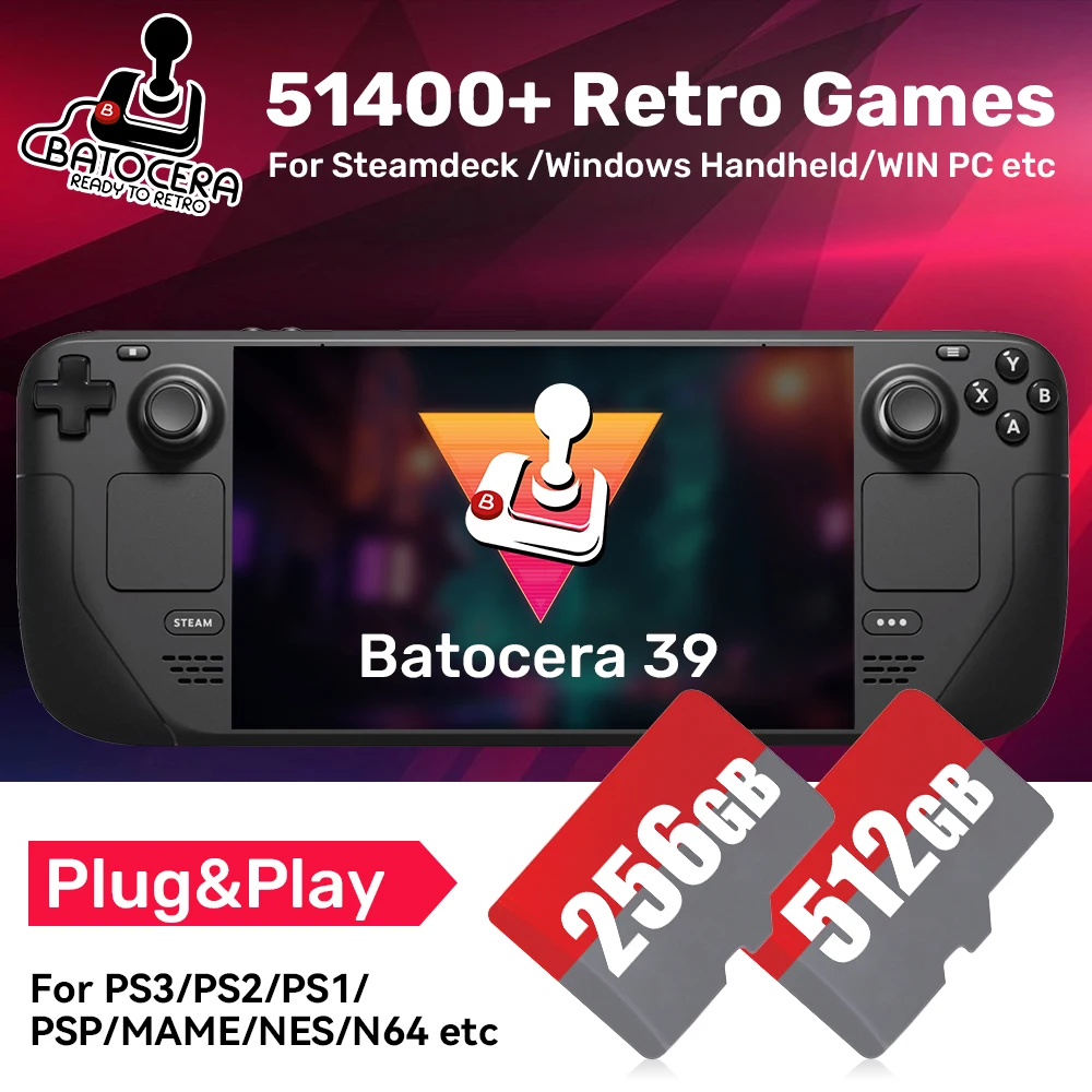 Batocera 39 TF/Gaming Card for Steamdeck /Windows Handheld/WIN PC with 51400+ Games&70+Emulators forPS3/PS2/PS1/PSP/MAME/NES/N64