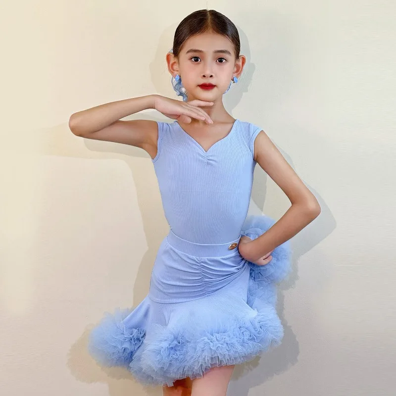 

Girls Latin Dance Costume Set Pink Blue High End Latin American Dancewear Professional Stage Performance Top and Skirt Outfit