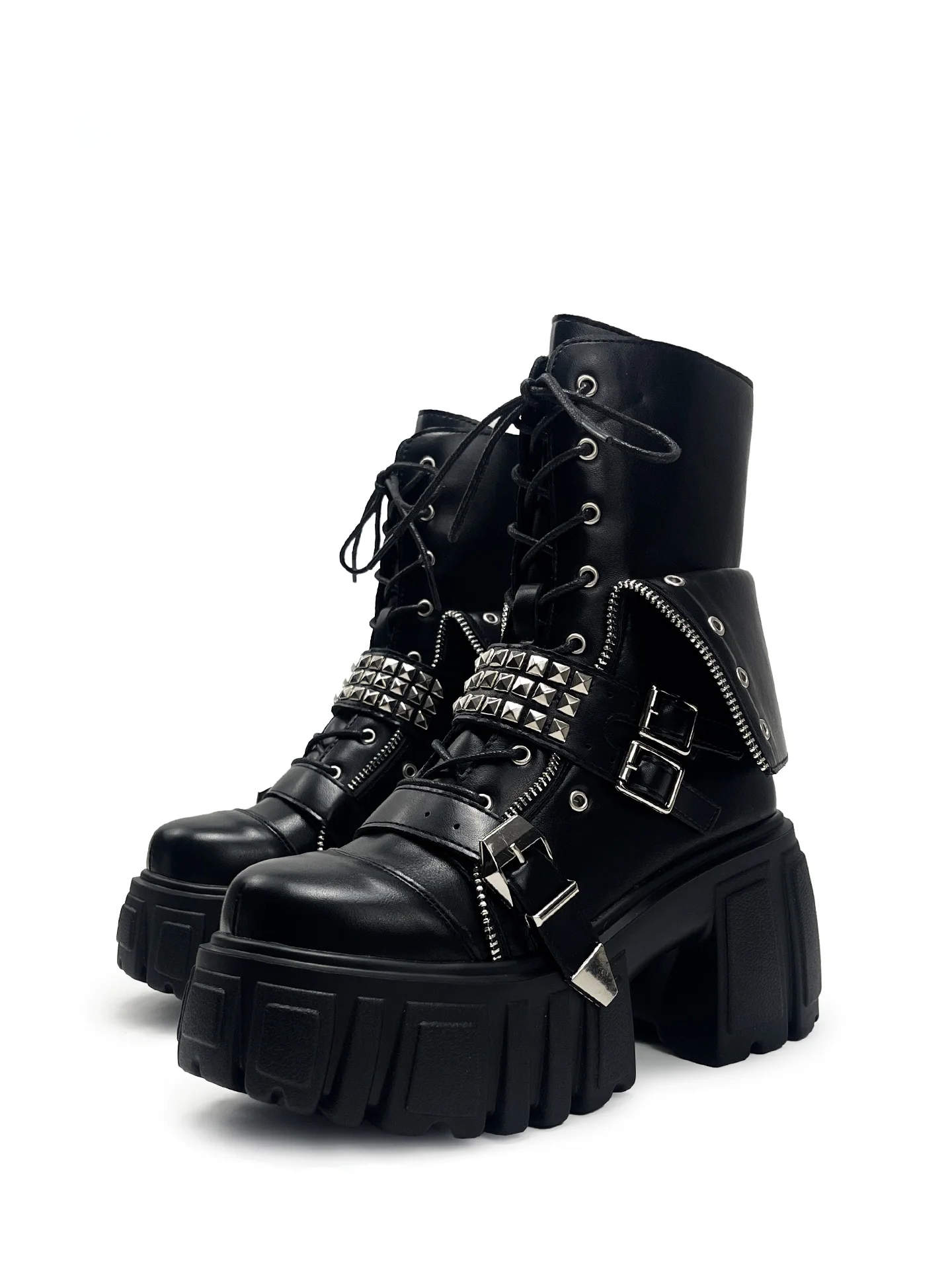 

Punk Rock Thick Heel Motorcycle Boots Women's Metal Rivet Cool Trendy Boots Middle Tube Winter High Heel Crossed Straps
