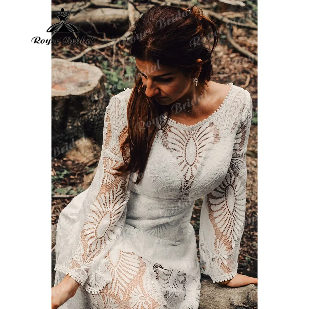 Bohemian Country Long Sleeve Lace Column Destination Mermaid Boho Wedding Party Dress for Women 2025 Bridal Gown abiti da sposa