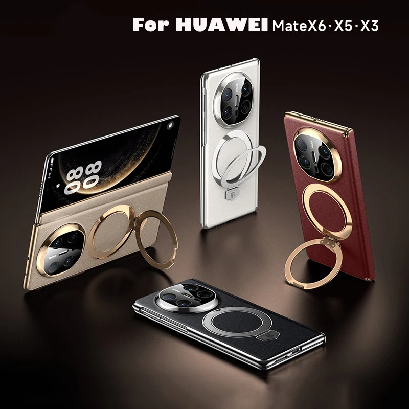 

Case for Huawei Mate X6 X5 X3 Luxury Nano Electroplated Lens Protection Hinge Bracket Plain Leather Hard Mobile Phone Case Cover